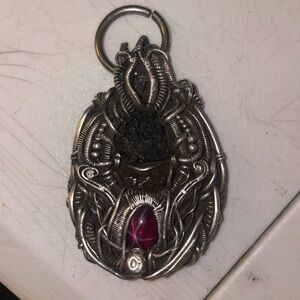 Artisan Silver Wire Wrapped Pendant with Dark Green and Deep Pink Stones